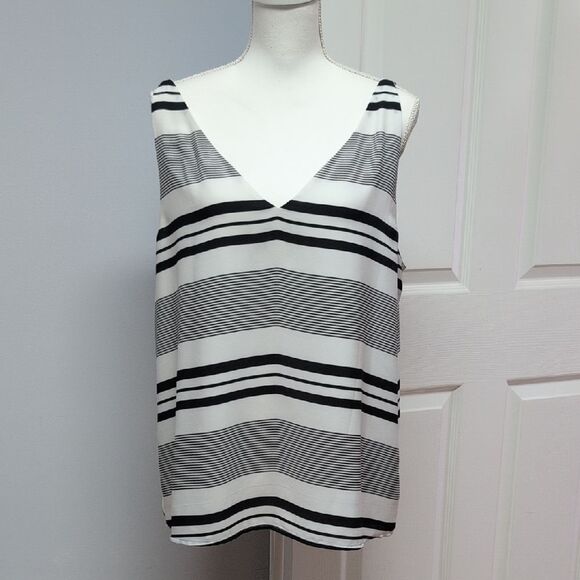 Express Tops - Express Black/White Striped Criss Cross Back Double V Fully Lined Tank Size XL